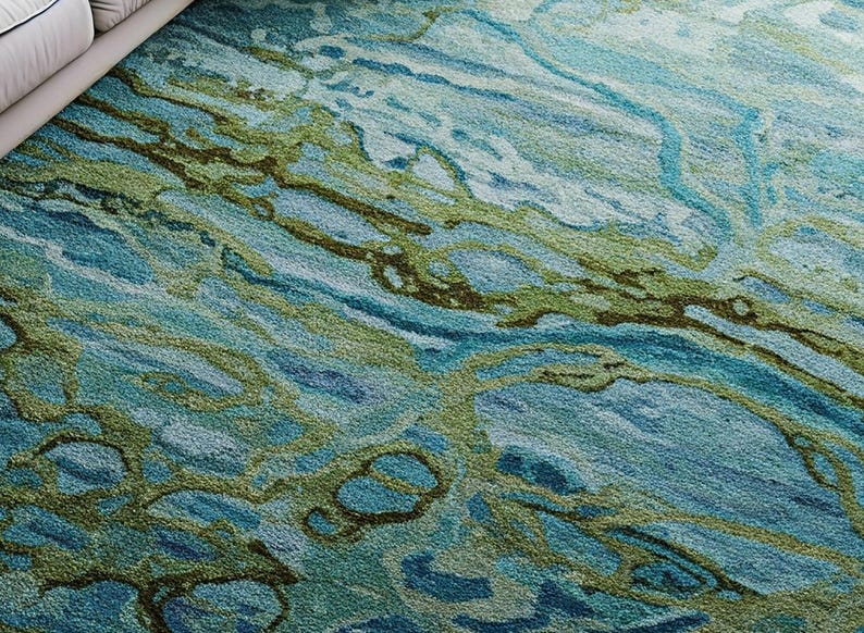 May include: Abstract area rug with a blue and green marbled pattern. The rug has a soft, textured surface.