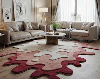 Irregular Abstract Wool Rug, Hand Tufted Ivory Pink Red Melting Living Room Rug