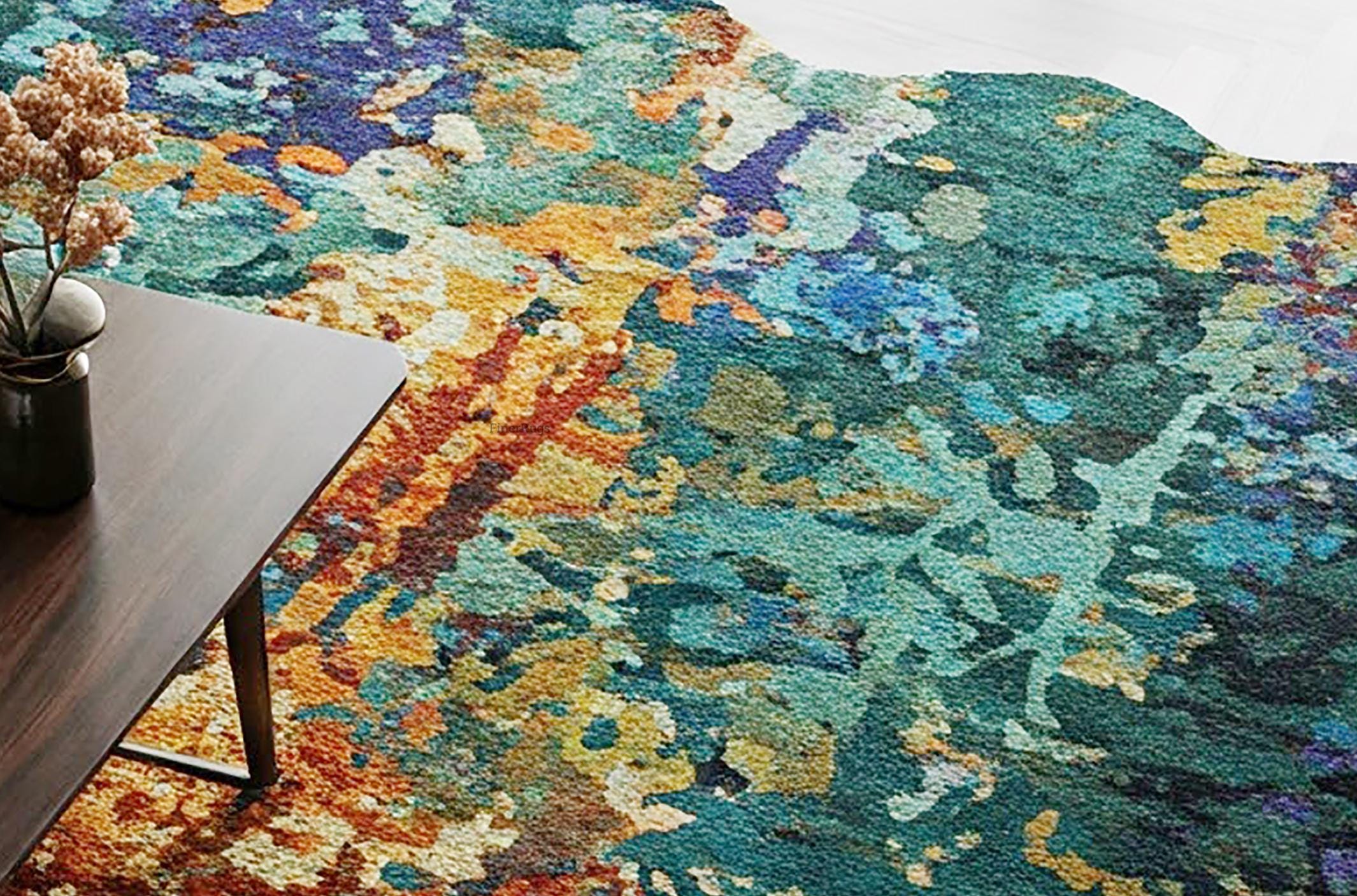 Emerald Green Abstract Wool Rug, Irregular Hand Tufted Colorful Area ...