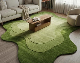 Green Irregular Tufted Wool Rug, Abstract Organic Shape Living Room Rug