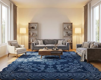 Navy Blue Floral Medallion Wool Rug, Hand Tufted Scalloped Flower Area Rugs 8x10
