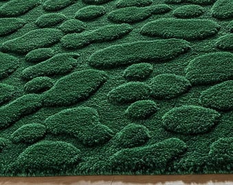 Forest Green 3D Pebble Wool Rug, Hand Tufted Abstract Forest Floor Bedroom Rug