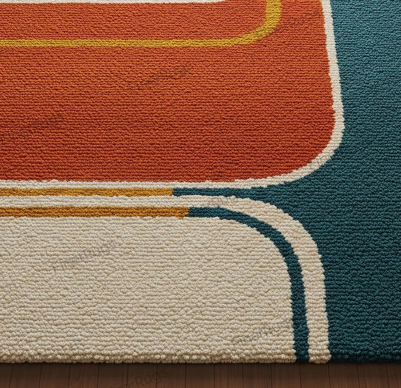 May include: Close-up of a textured rug with a retro design. The rug features a large orange shape, a teal blue section, and off-white and yellow accents. The rug has a thick, looped pile.