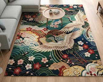 Colorful Japanese Crane Wool Rug, Hand Tufted Cherry Blossom Area Rugs for Living Room