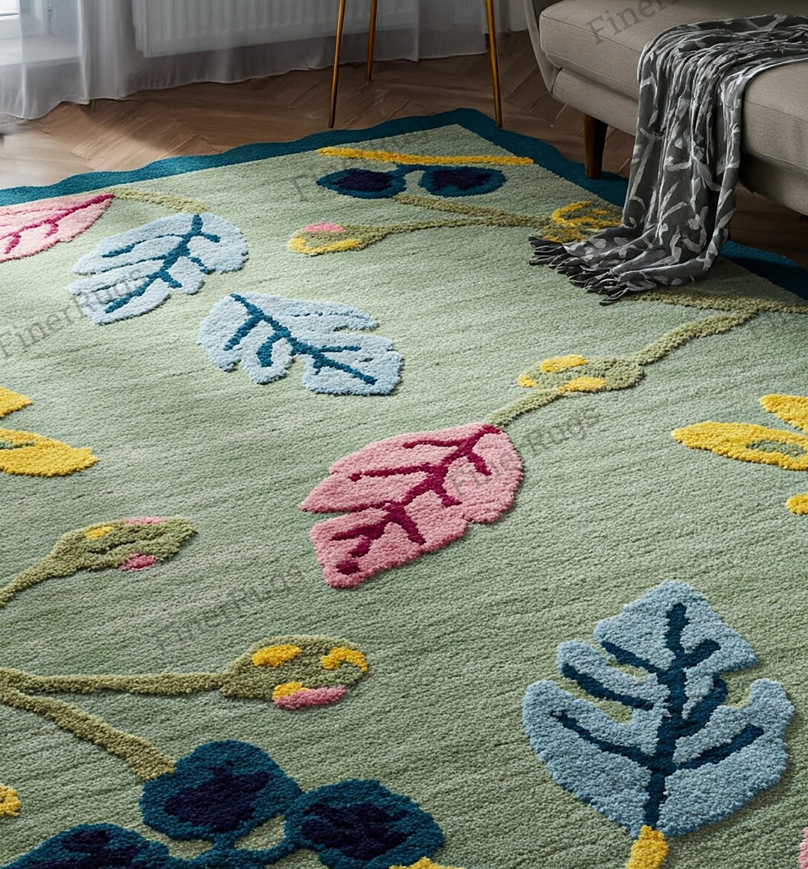 Sage Green Modern Colorful Floral With Deep Teal Scalloped Edge Hand ...