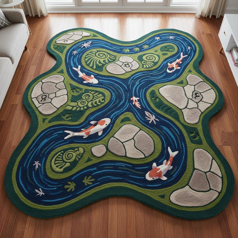 Moss Green Blue Koi Fish River Design Irregular Hand Tufted Wool Rug ...