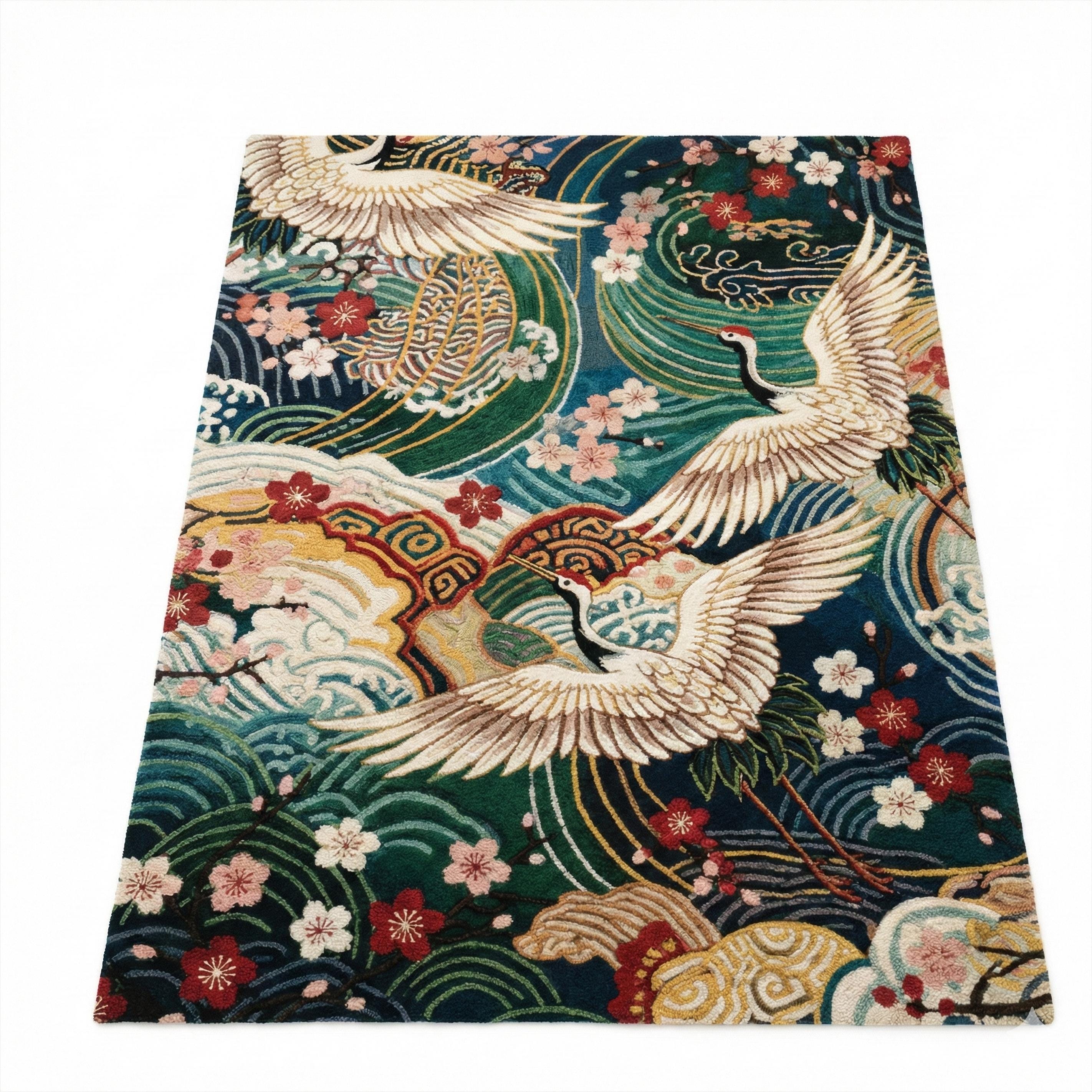 Japanese Patterned Rug Colorful Japanese Crane Wool Rug, Hand Tufted Cherry Blossom Area Rugs ...