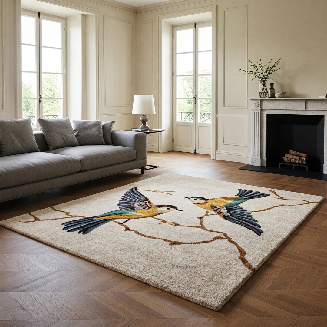 Off White Hand Tufted Colorful Bird Area Rug for Bedroom, Modern Great ...