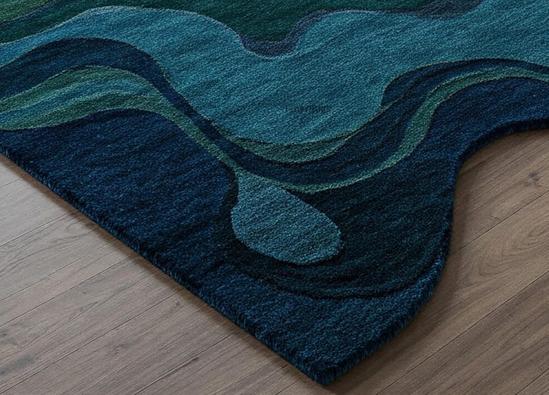 Blue Green Irregular Wool Rug, Abstract Hand Tufted Wavy Textured Area ...