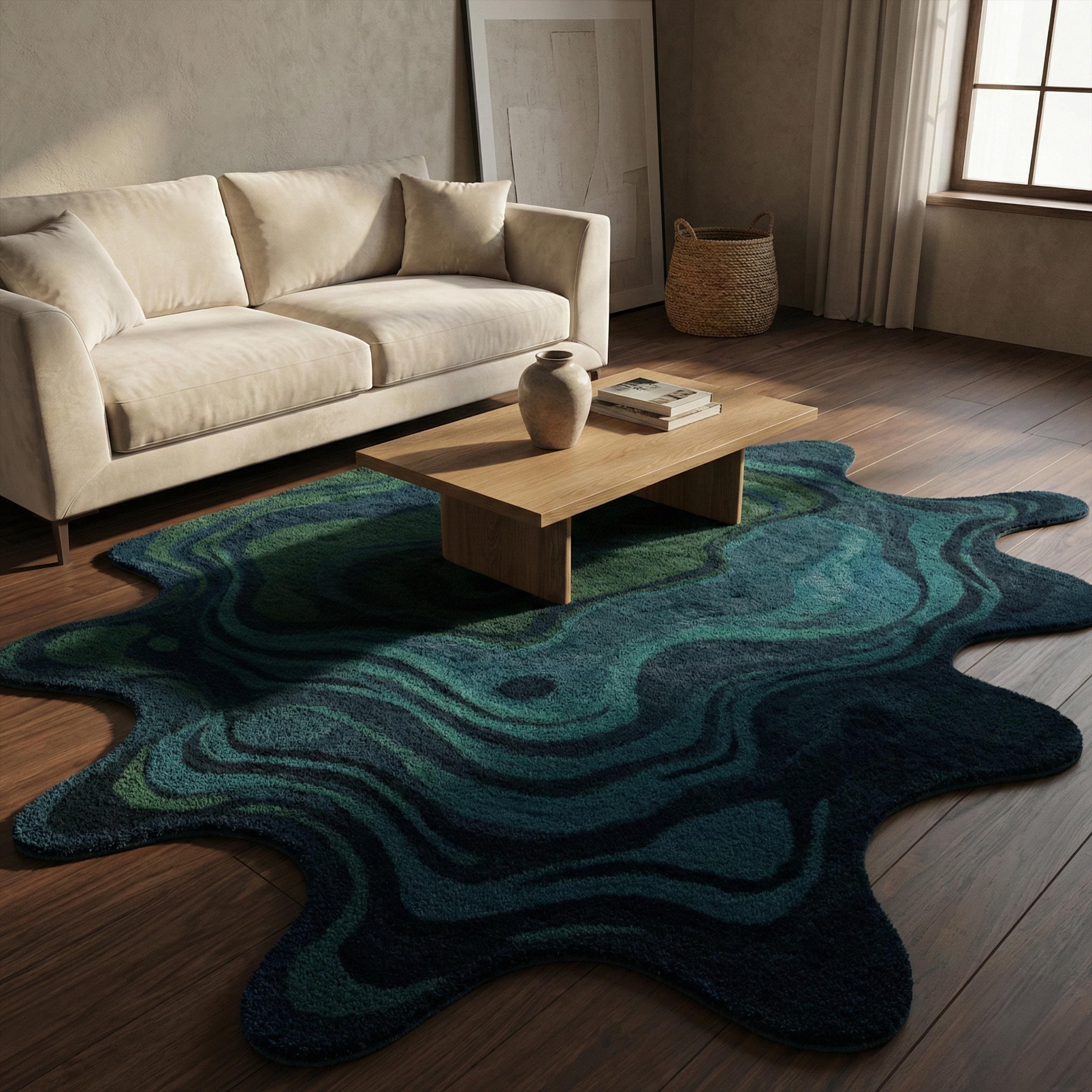 Irregular Blue Green Hand Tufted Wool Rug, Modern Abstract Area Rugs ...