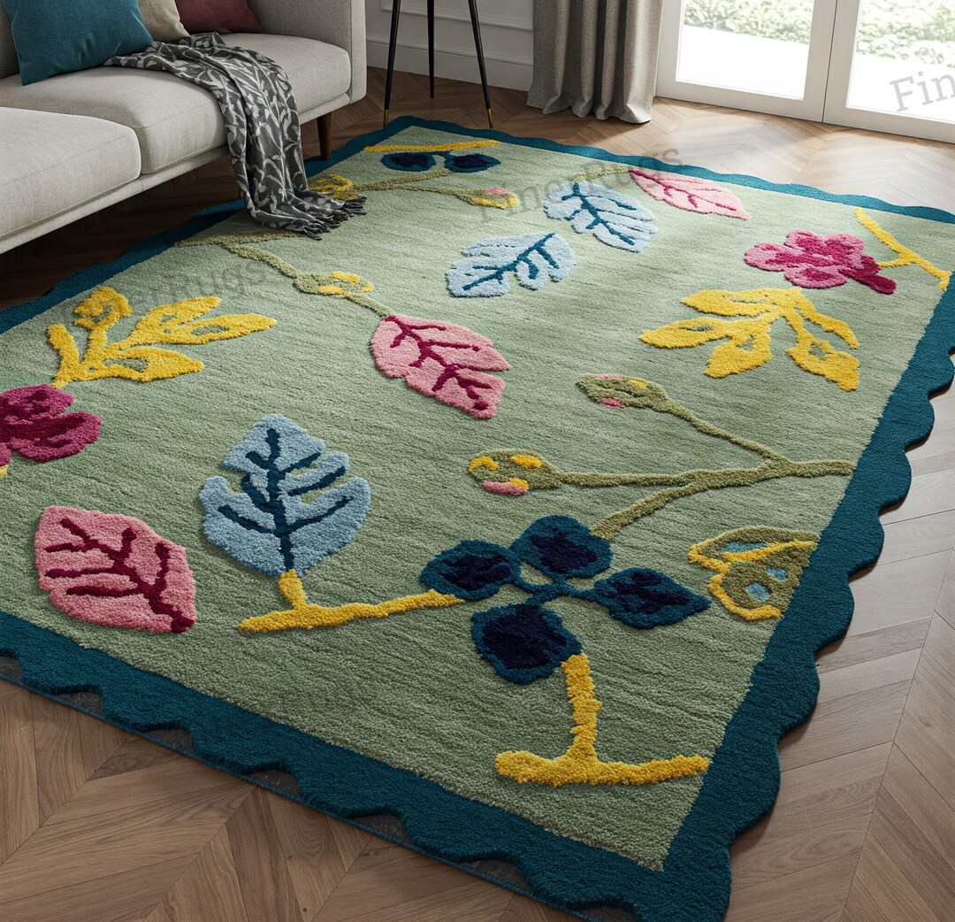 Sage Green Modern Colorful Floral With Deep Teal Scalloped Edge Hand ...