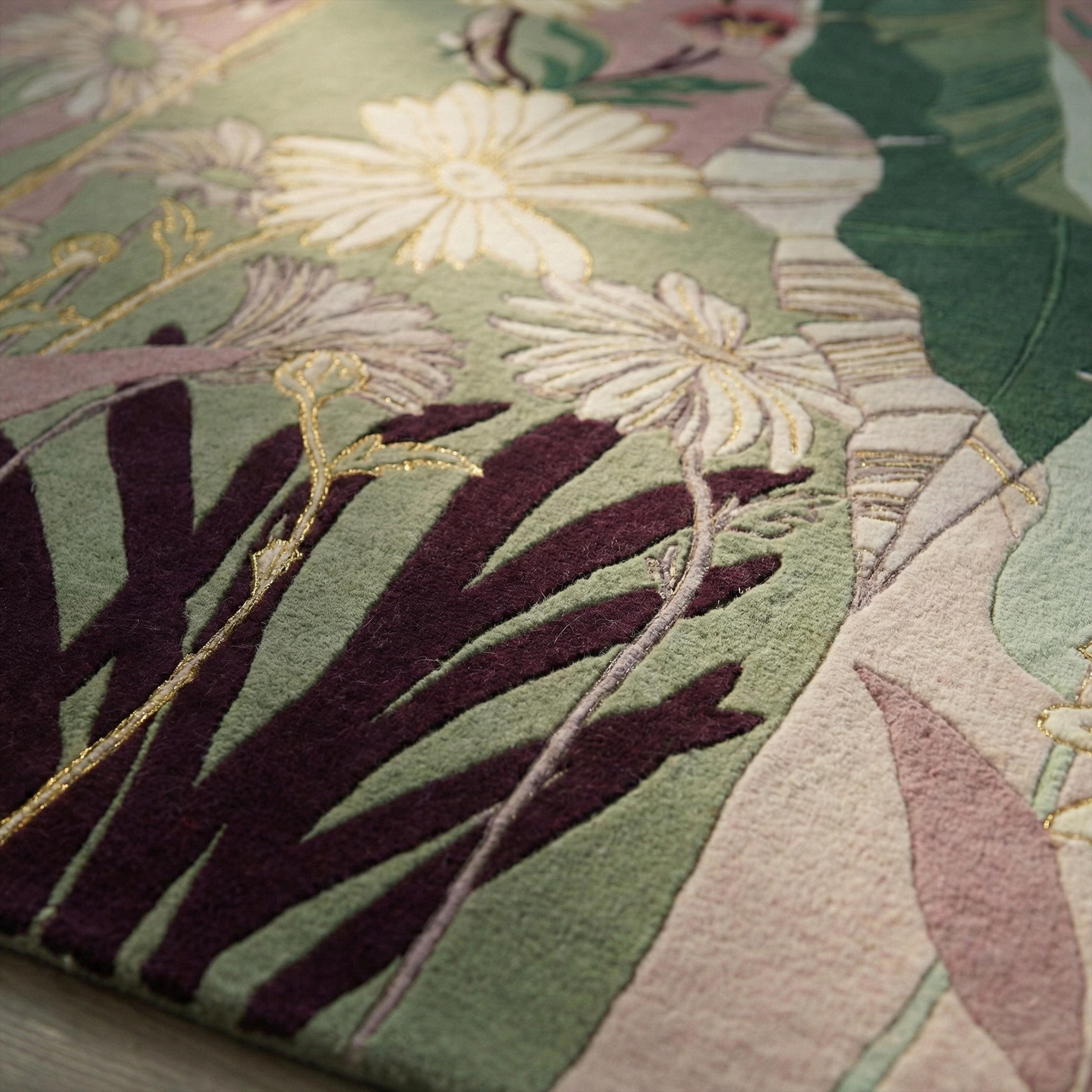 Green Pink Botanical Wool Rug, Modern Tufted Tropical Nature Area Rugs ...