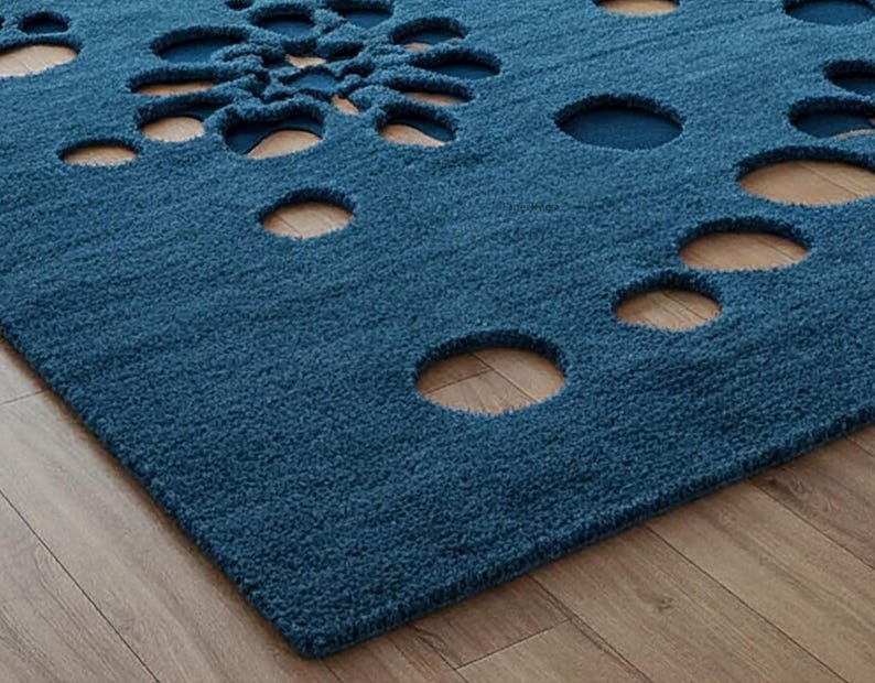 Deep Blue Abstract Wool Area Rug, Hand Tufted Modern Cut Out Rug - Etsy
