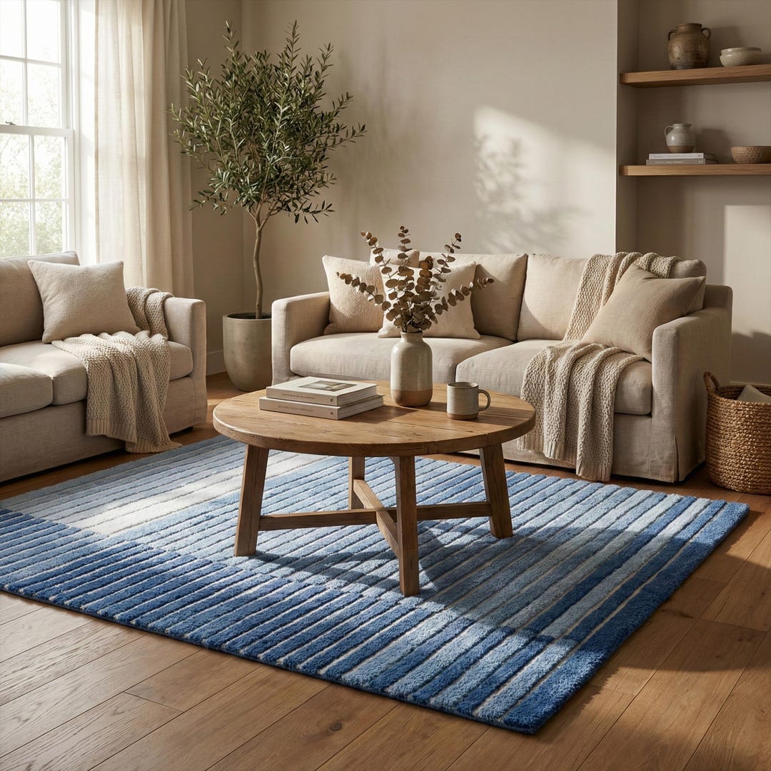 Blue off White Striped Rug, Hand Tufted Minimalist Wool Area Rugs - Etsy
