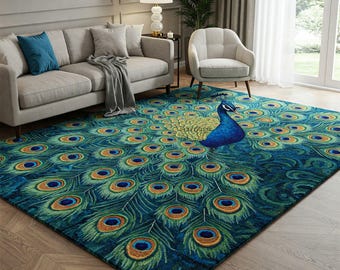 Teal Blue Peacock Wool Rug, Hand Tufted Bird Feather Area Rugs for Living Room