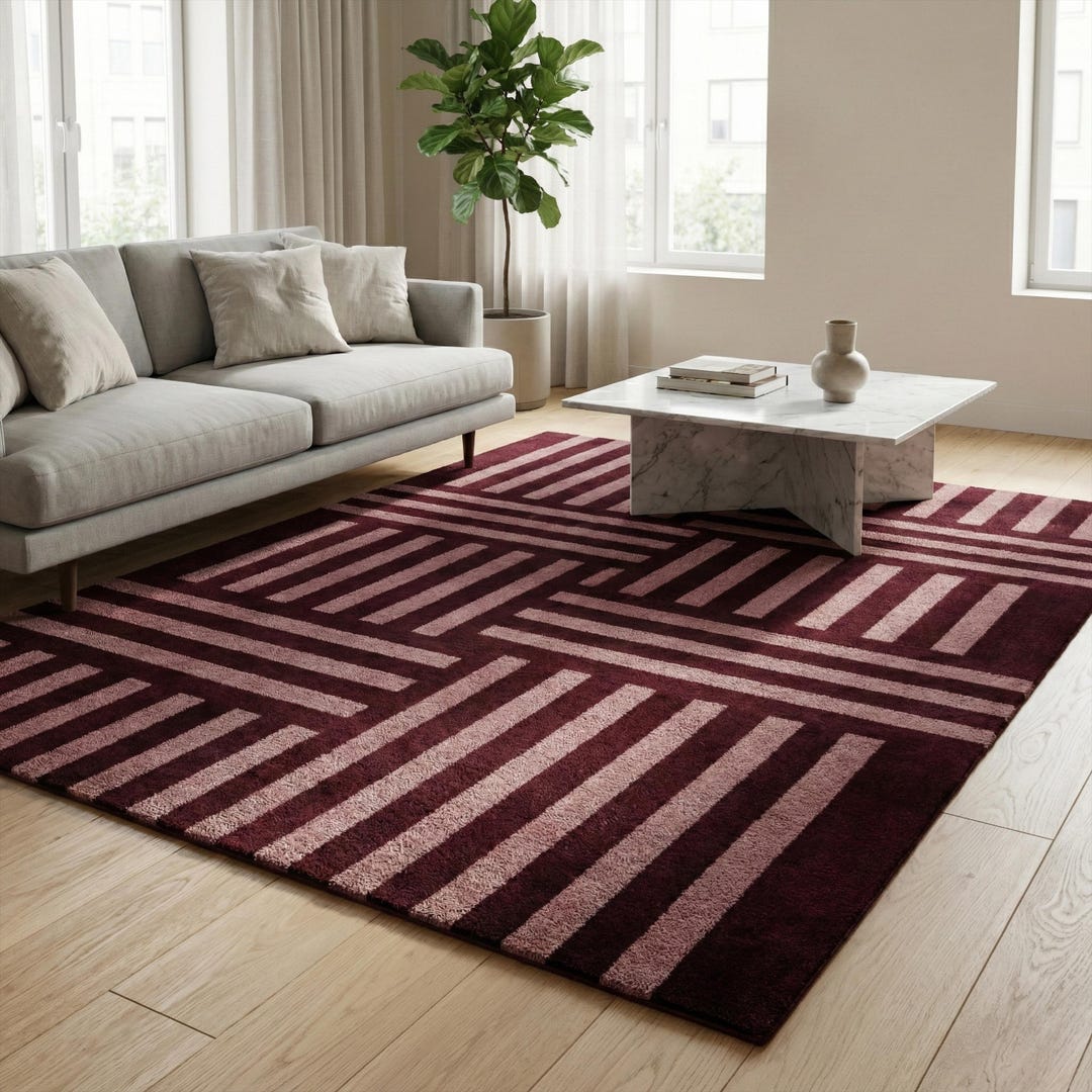 Deep Red Area Rug Hand Tufted Geometric Wool Rug, Deep Red Pink Striped Area Rugs for ...