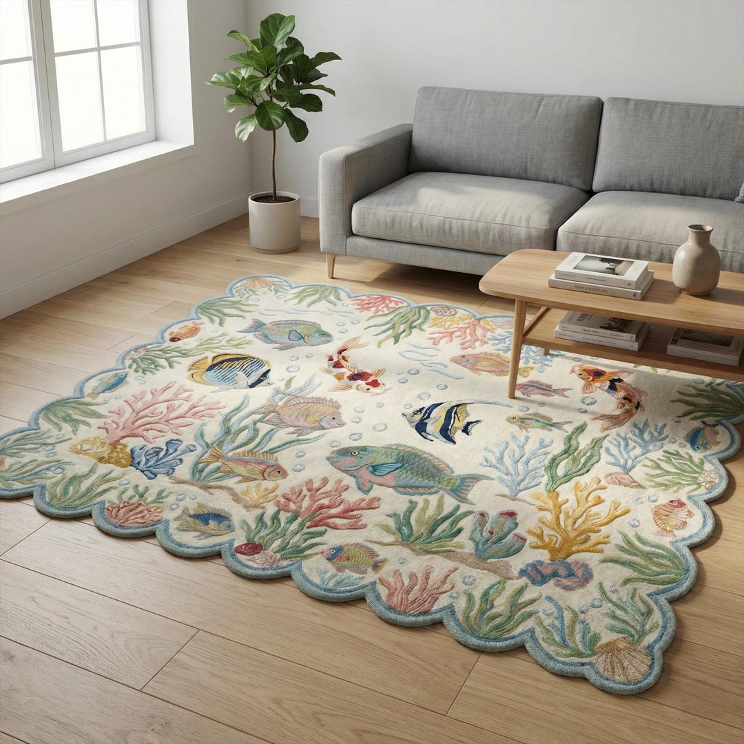 Catfish Rugs Colorful Koi Fish Aquarium Rug, Hand Tufted Scalloped Ocean Wool Area ...