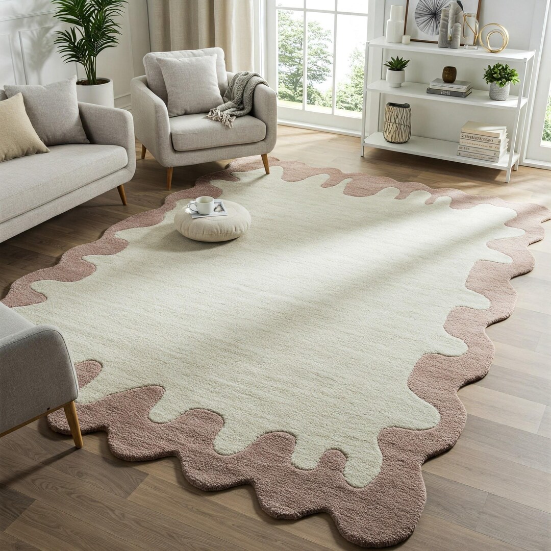 Off White Scalloped Rug, Irregular Modern Abstract Colorful Hand Tufted ...