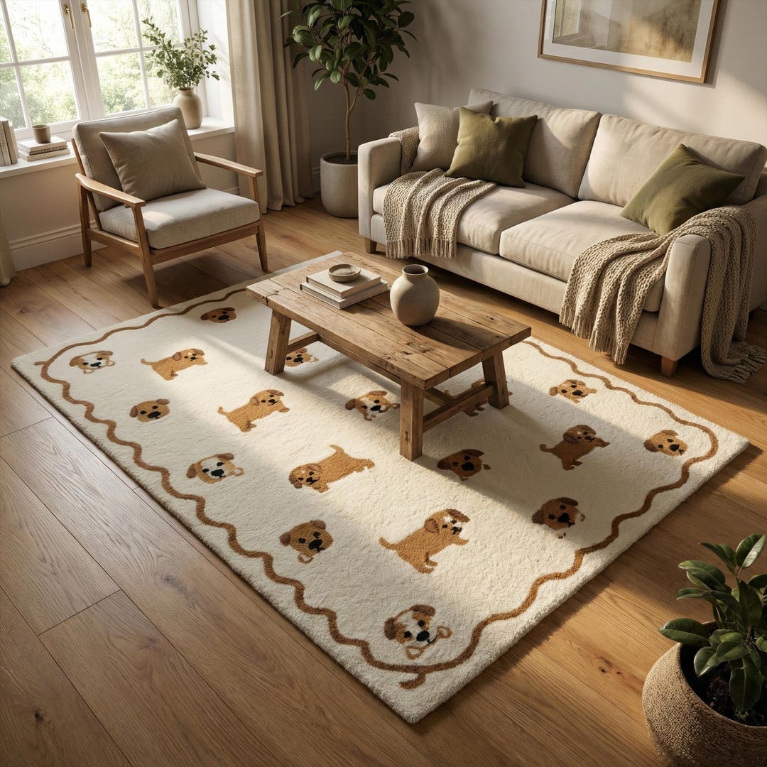 Dogtooth Rug Off White Brown Dog Wool Tufted Rug, Modern Whimsical Puppy Rugs for ...