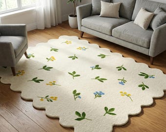 Off White Hand Tufted Wool Rug, Floral Scalloped Area Rugs for Living Room