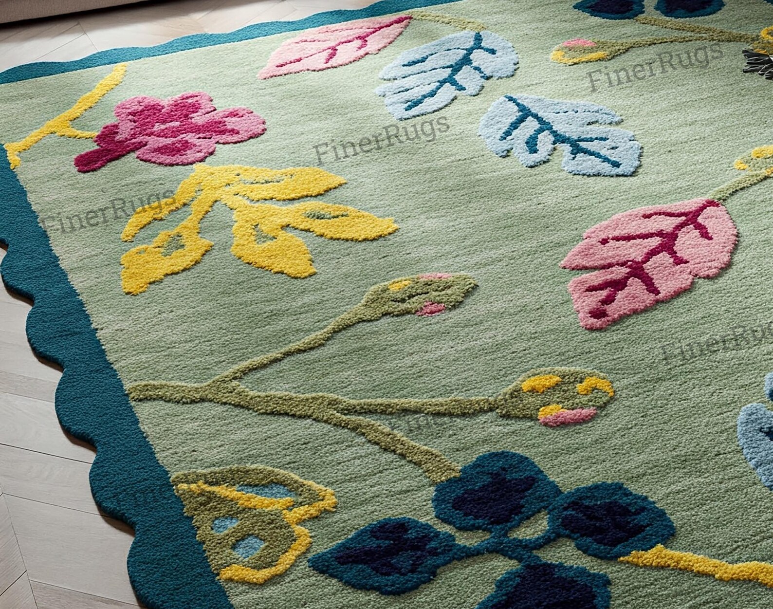 Sage Green Modern Colorful Floral With Deep Teal Scalloped Edge Hand ...