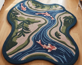 Koi Fisch Hand getuftet Teppich, unregelmäßiger Blau Beige Fluss Design Wollteppich