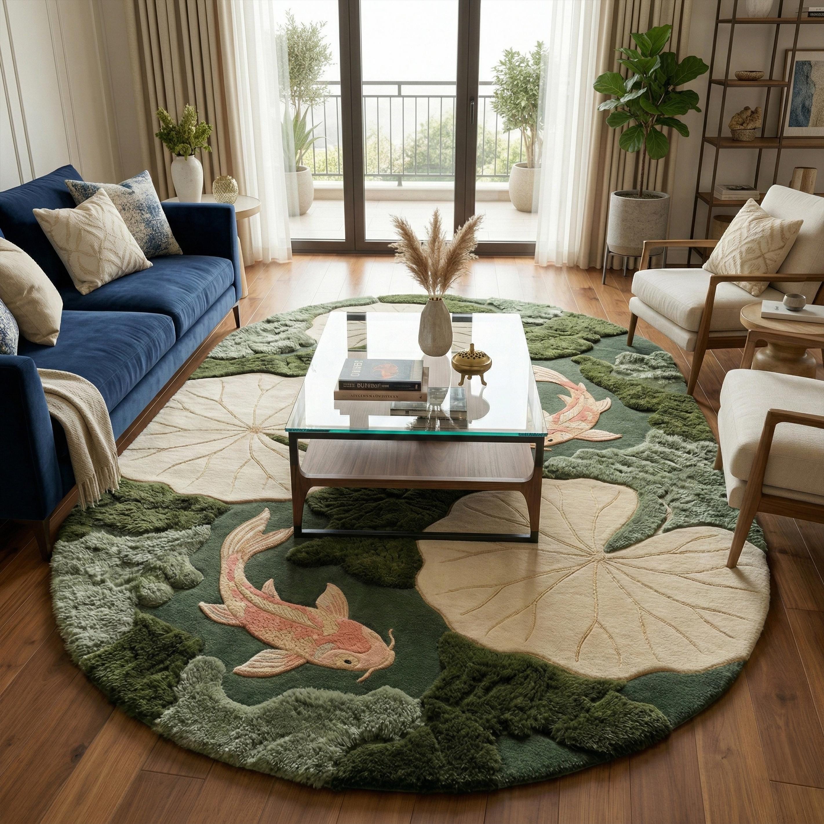 Pond Colors Rug Koi Fish Pond Wool Rug, Moss Hand Tufted Nature Inspired Area Rugs - Etsy