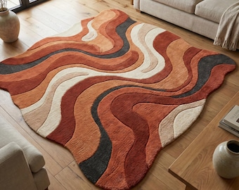 70s Retro Wavy Irregular Wool Rug, Hand Tufted Mid Century Modern Area Rug for Living Room