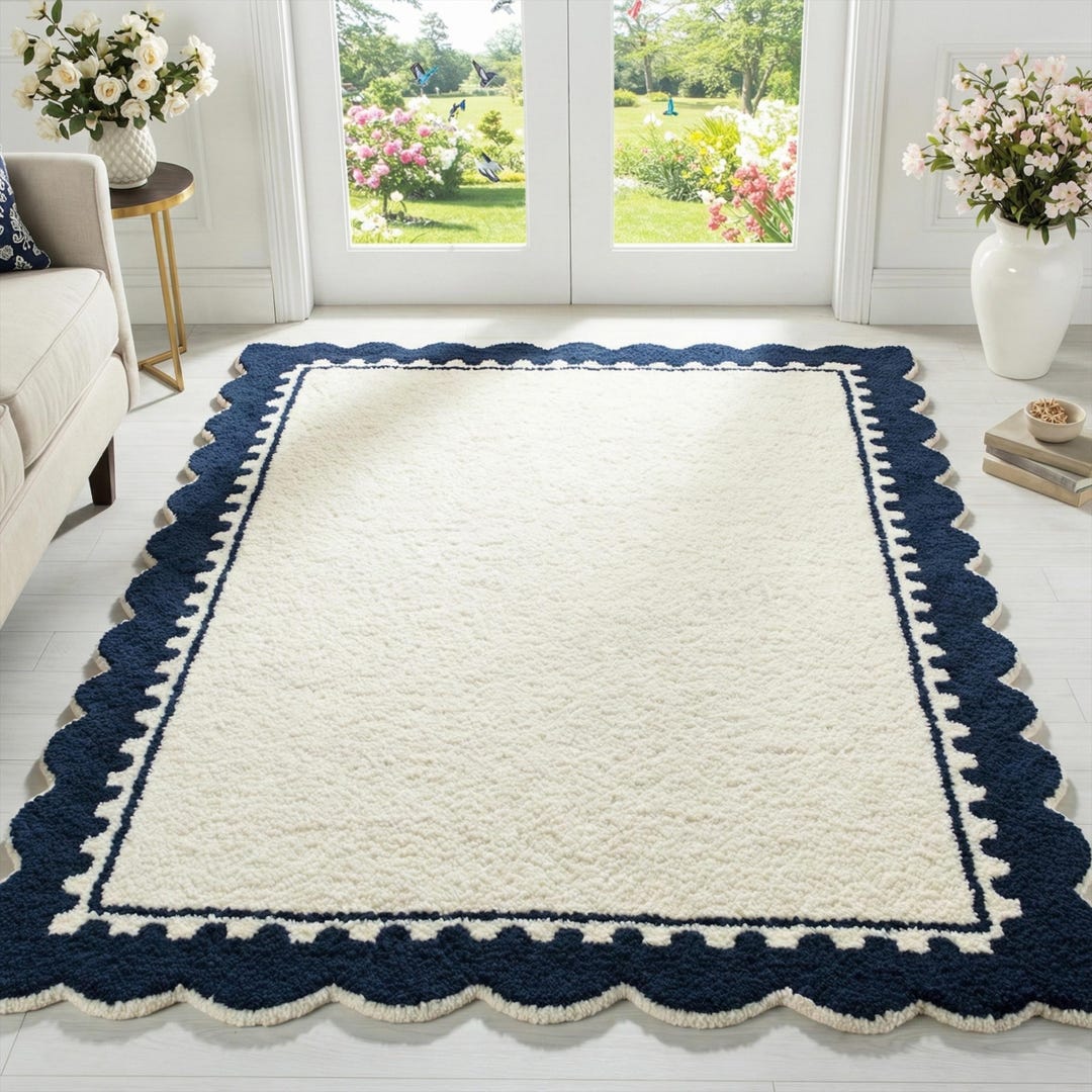Off White Blue Scalloped Rug, Abstract Tufted Wool Area Rugs for Living ...