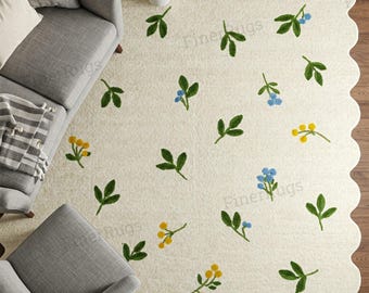 Off White Scalloped Edge Hand Tufted Blue Yellow Floral Wool Rug for Living Room, Modern Green Leaves Design Custom Area Rug for Bedroom 6x9