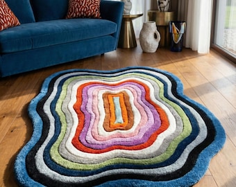 Colorful Irregular Wavy Wool Rug, Abstract Hand Tufted Organic Shape Area Rugs