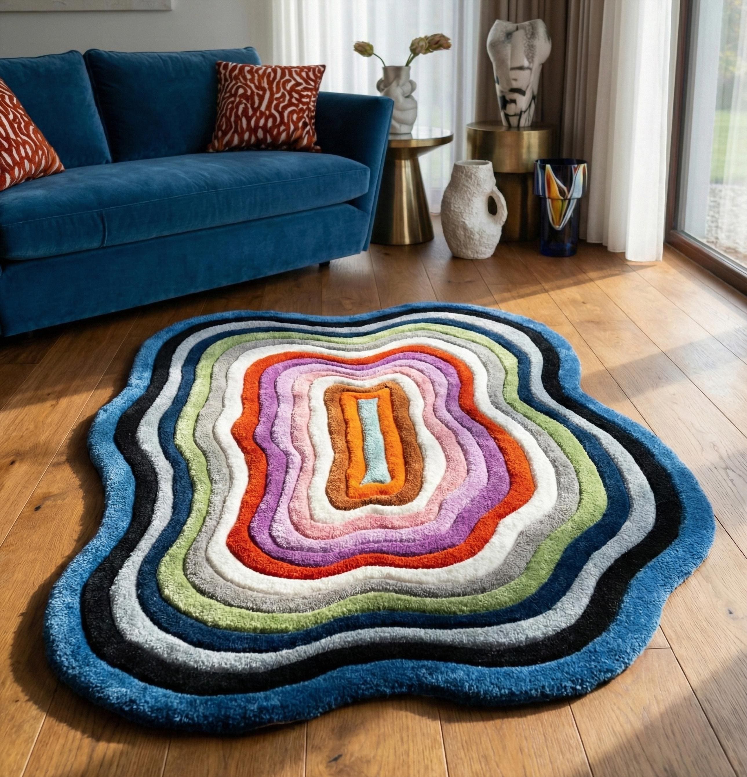 Colorful Irregular Wavy Wool Rug, Abstract Hand Tufted Organic Shape ...