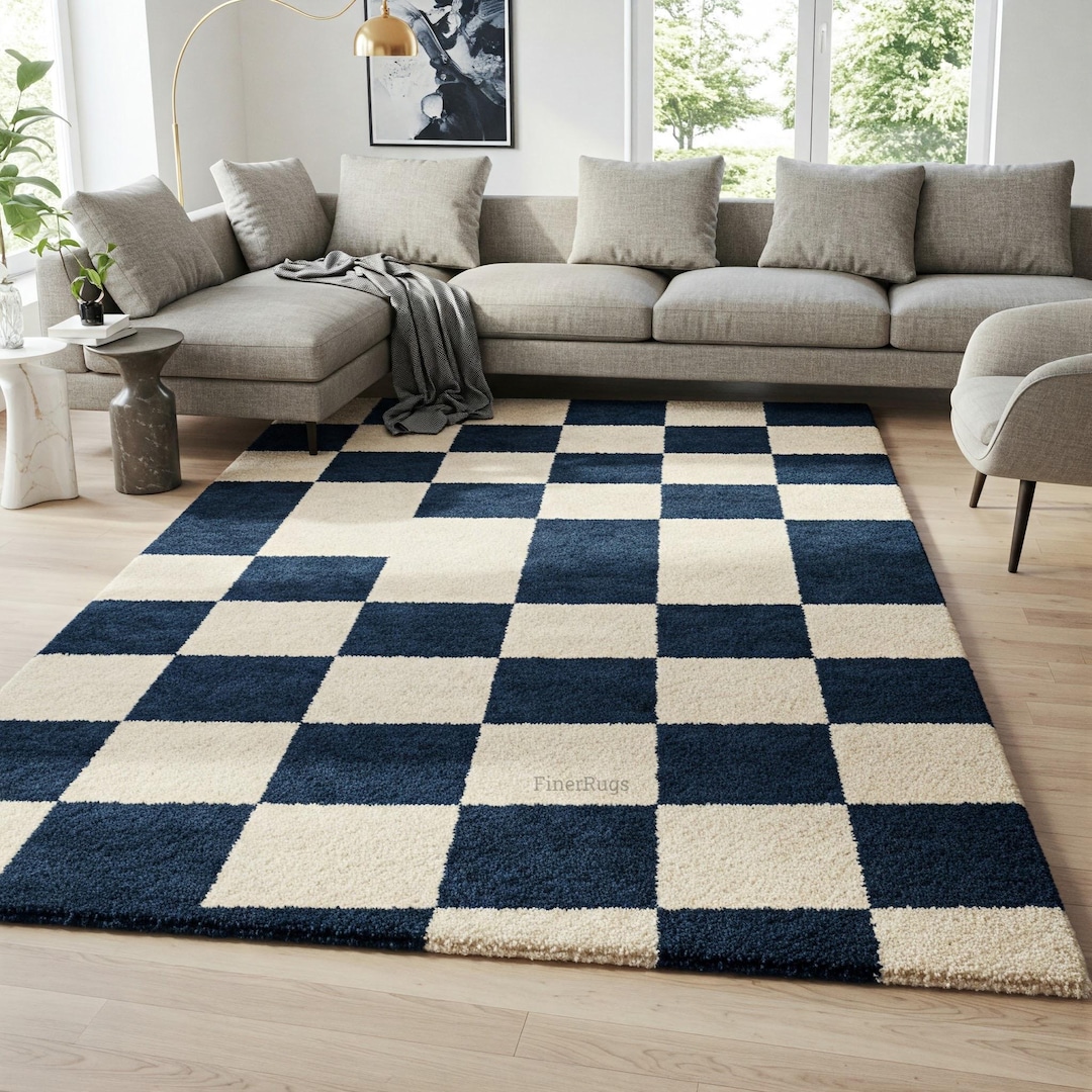 Blue Checked Rug Navy Blue Ivory Checkered Wool Rug, Modern Hand Tufted Area Rugs for ...