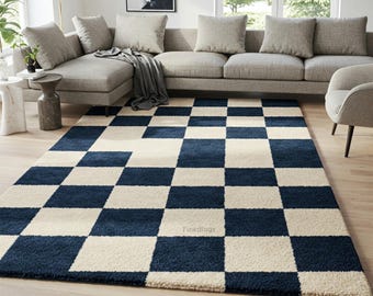 Navy Blue Ivory Checkered Wool Rug, Modern Hand Tufted Area Rugs for Living Room