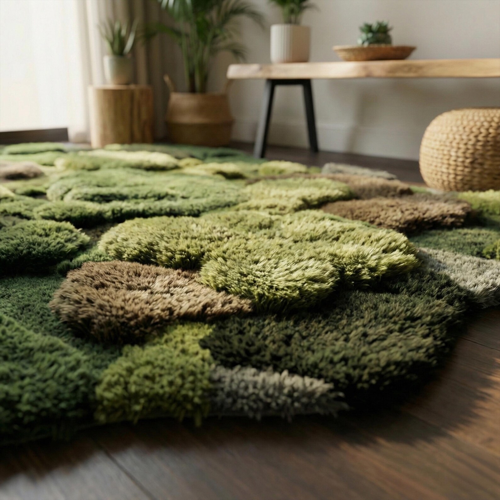 Moss Green Abstract Wool Rug, Irregular Hand Tufted 3d Forest Nature ...