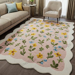 Weicher rosa cremefarbener ausgebogter gelb blauer handgetufteter Wollteppich für Wohnzimmer, moderne grüne Blätter benutzerdefinierter Teppich für Schlafzimmer 8x10