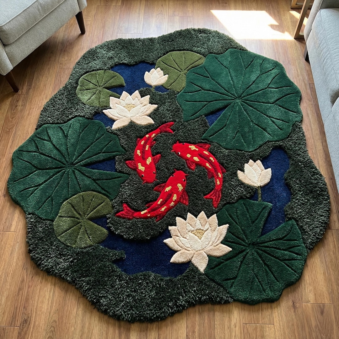 Red Koi Rug Red Koi Fish Tufted Wool Rug, Irregular Green Blue Lotus Pond Nature ...