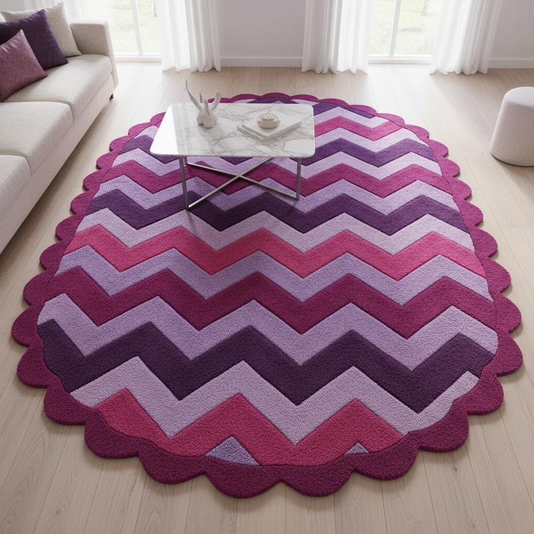 Deep Purple Pink Zigzag Hand Tufted Scalloped Oval Shape Wool Rug ...