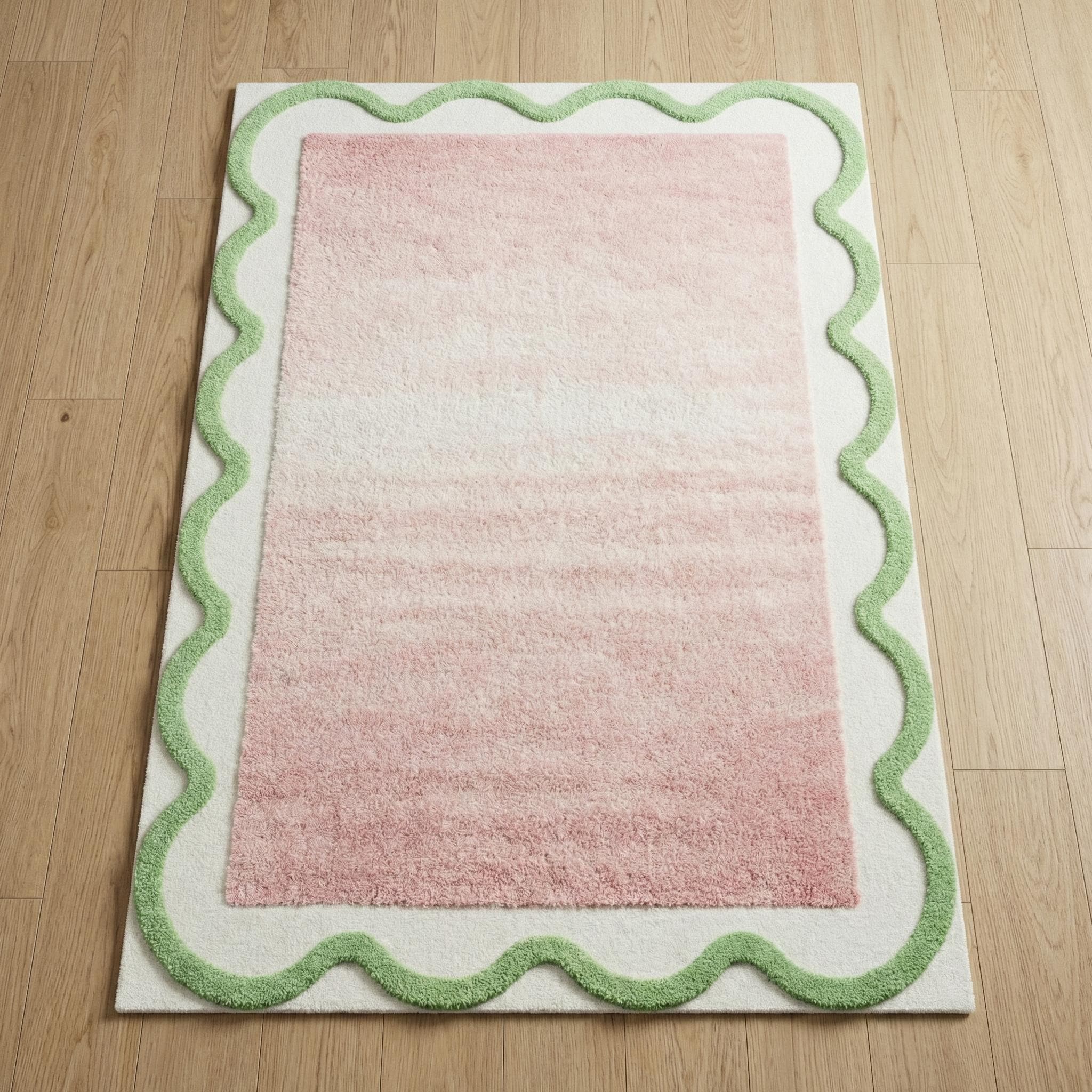 Pink And Green Shell Rug Pink Green Wavy Wool Rug, Abstract Hand Tufted Custom Area Rugs - Etsy