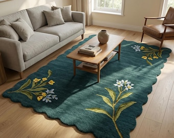 Deep Teal Floral Scalloped Wool Rug, Hand Tufted Green Leaf Custom Area Rugs
