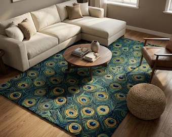 Peacock Feather Wool Rug, Blue Hand Tufted Area Rugs for Living Room