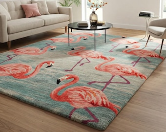 Light Blue Pink Flamingo Wool Rug, Hand Tufted Animal Area Rugs for Living Room
