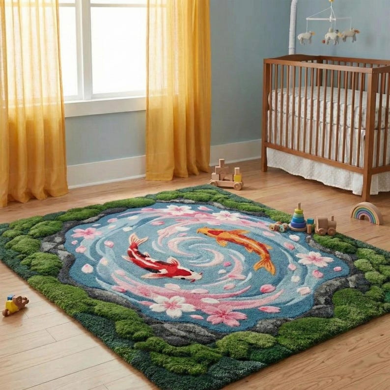 Koi Pond Tufted Wool Rug, 3D Moss Cherry Blossom Fish Area Rugs - Etsy