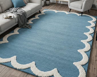 Solid Blue Ivory Scalloped Modern Contemporary Hand Tufted Living Room Rug 8x10, Handmade Rectangular 6x9 9x12 Wool Area Rugs for Kids Room