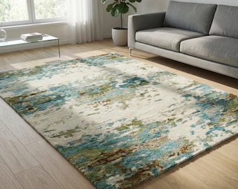 Ivory Abstract Hand Tufted Rug, Colorful Wool Area Rugs for Living Room