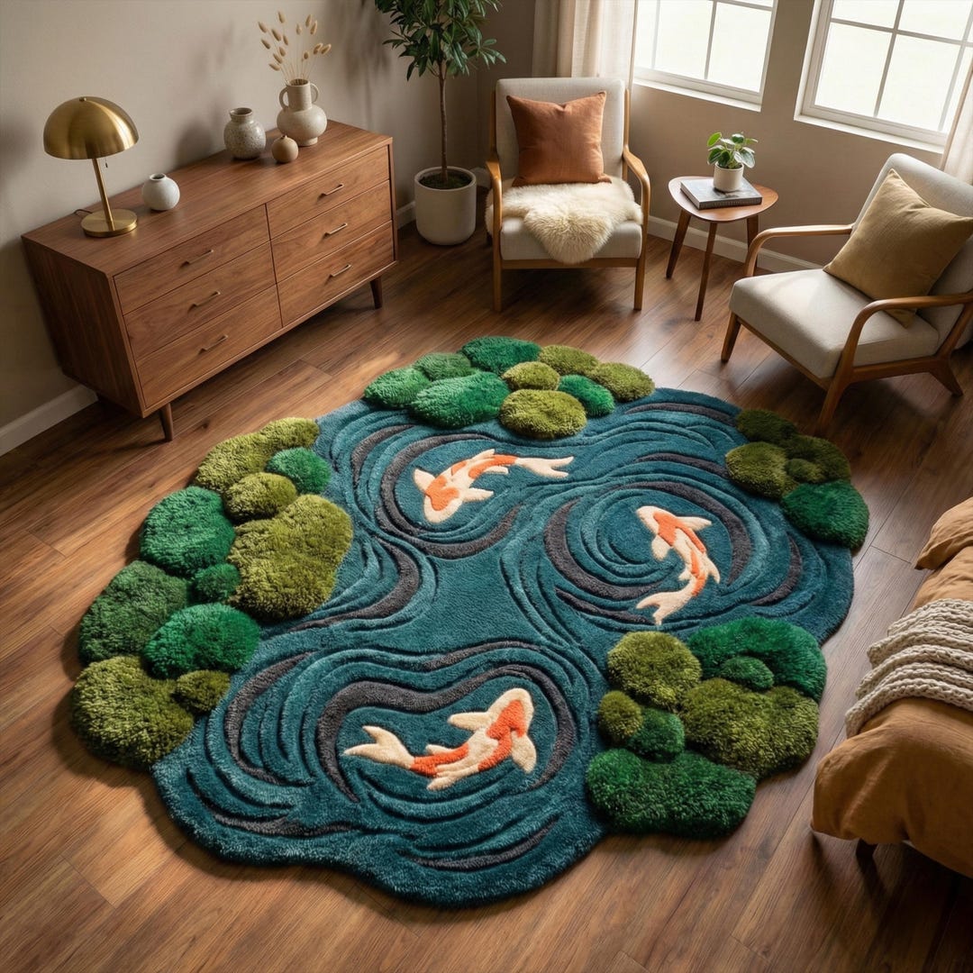 Moss Blue Koi Fish Pond Wool Rug, 3D Irregular Hand Tufted Custom Area Rugs