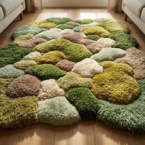 Moos Kiesel Abstrakter Wollteppich, Handgetuftete Bio-Steinteppiche