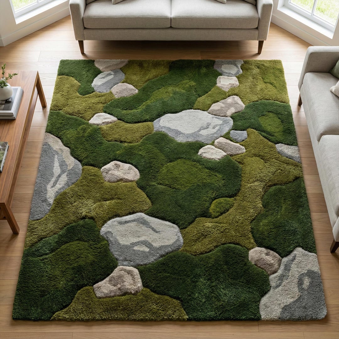 Moss Green Stone Wool Rug, Abstract Hand Tufted Nature Inspired Area ...