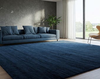 Deep Navy Blue Wool Rug, Solid Hand Tufted Area Rugs for Living Room
