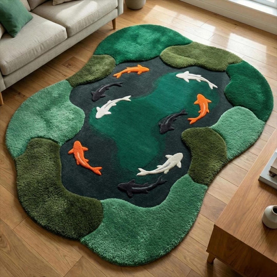 Abstract Koi Fish Pond Rug, Moss Green Irregular Hand Tufted Wool Rugs ...